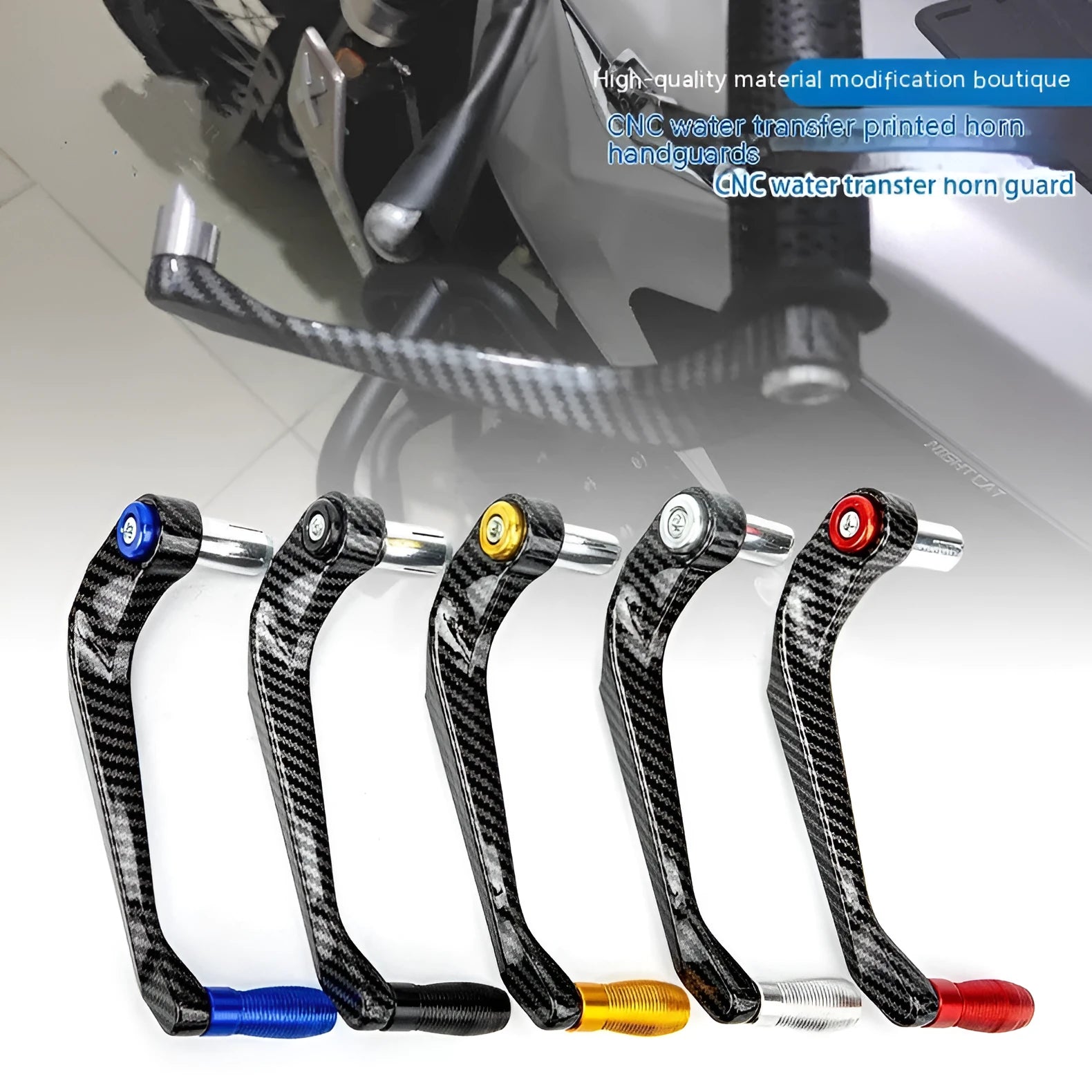 Pair of aluminium alloy motorcycle hand guards in black with water transfer printing finish on handlebars