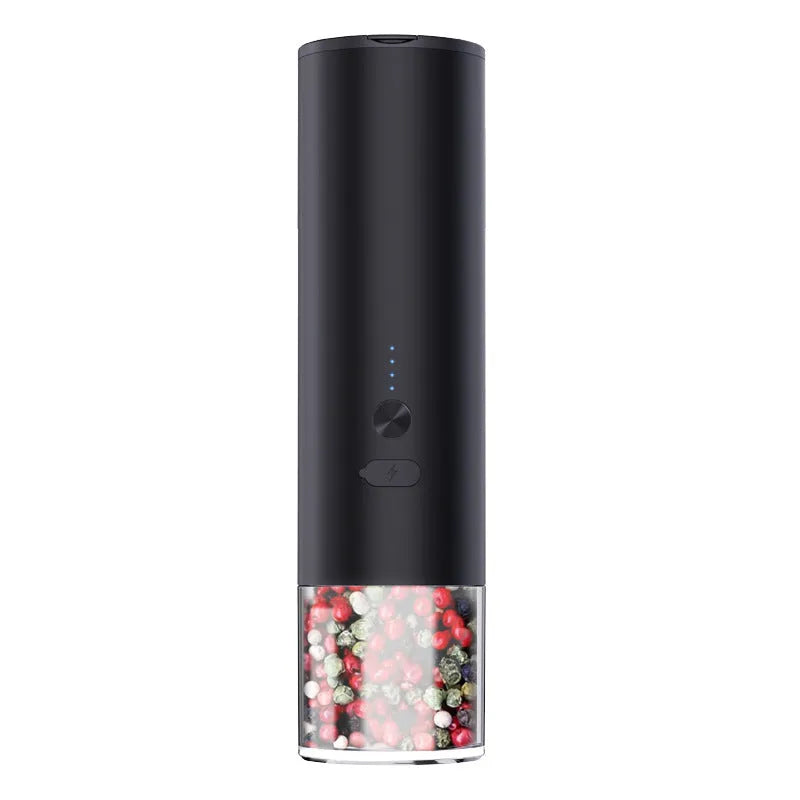 White electric salt and pepper grinder set with LED light and USB charging base