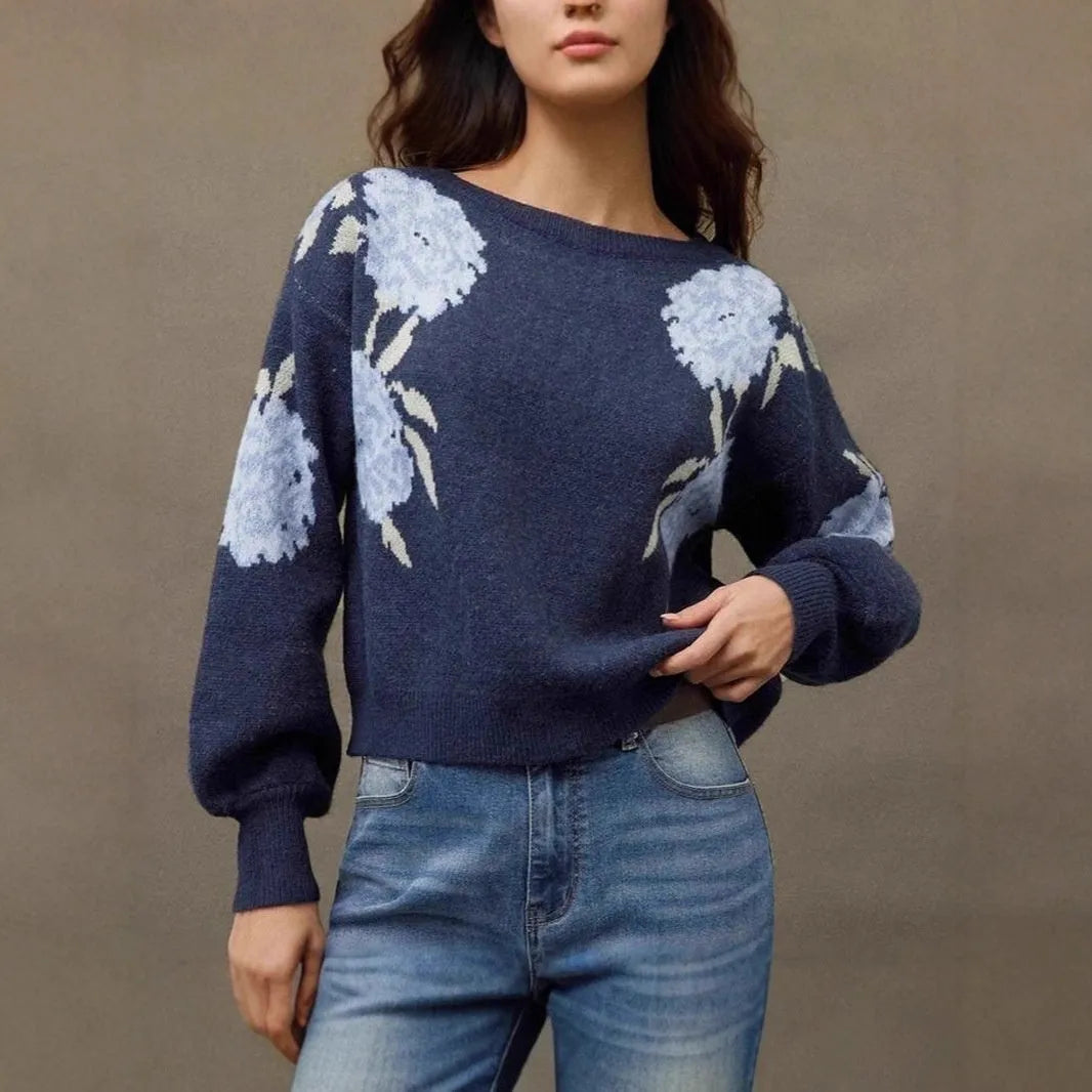 Sapphire blue women's loose pullover with all-over floral jacquard pattern, long sleeves.