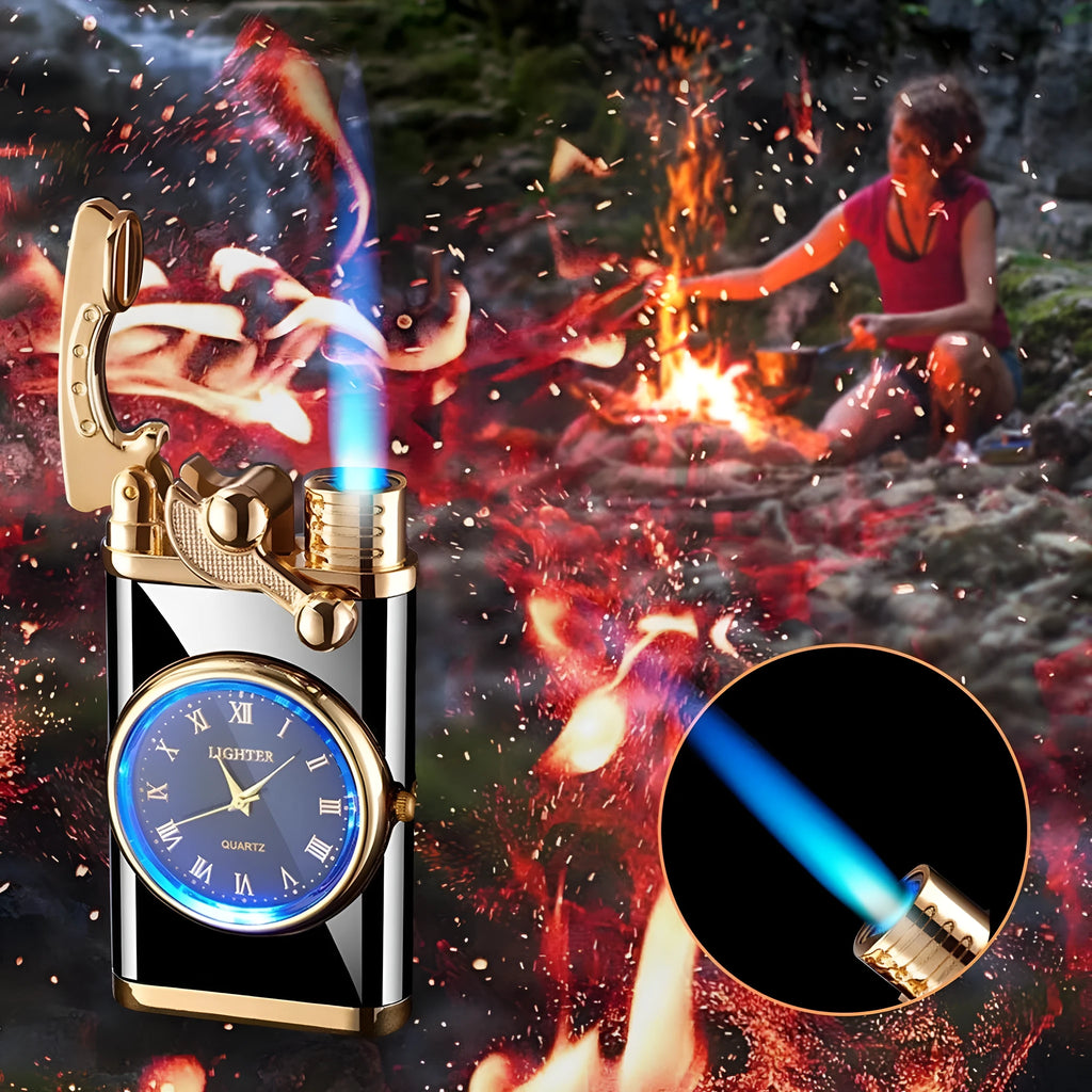 New lighter watch with electric ignition, zinc alloy case, blue flame - real watch dial shows time, multicolor options available