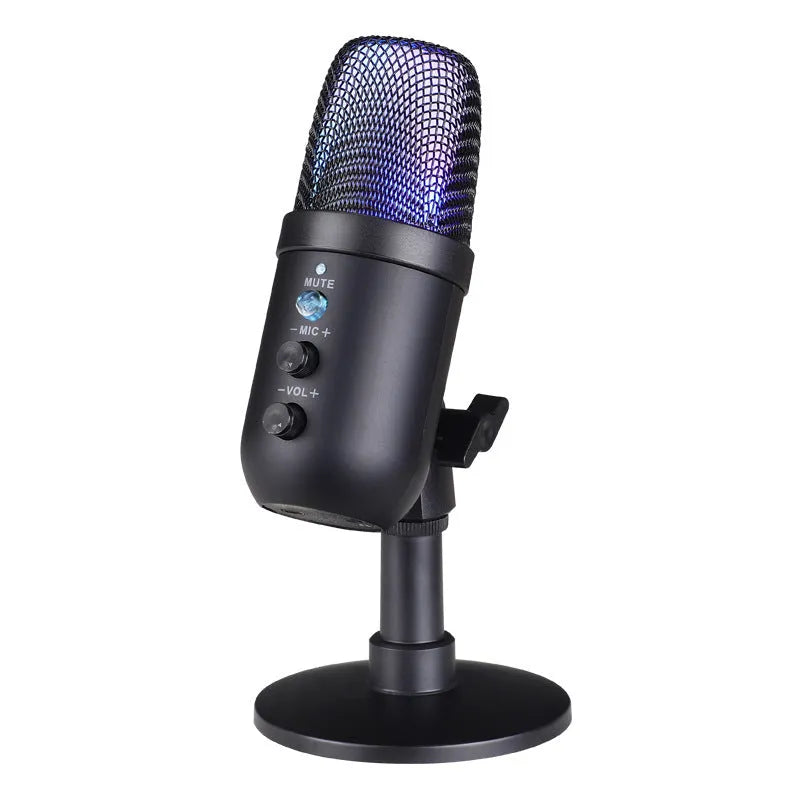 Black USB microphone with RGB lighting for computer live streaming and karaoke