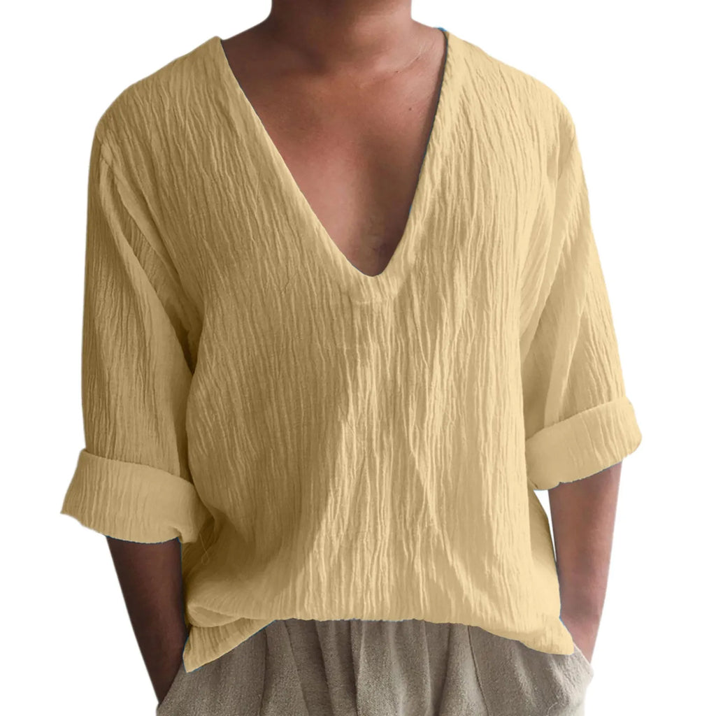 Men's long sleeve V-neck T-shirt in washed cotton linen blend fabric in solid colour options.