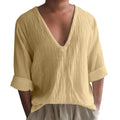 Men's long sleeve V-neck T-shirt in washed cotton linen blend fabric in solid colour options.