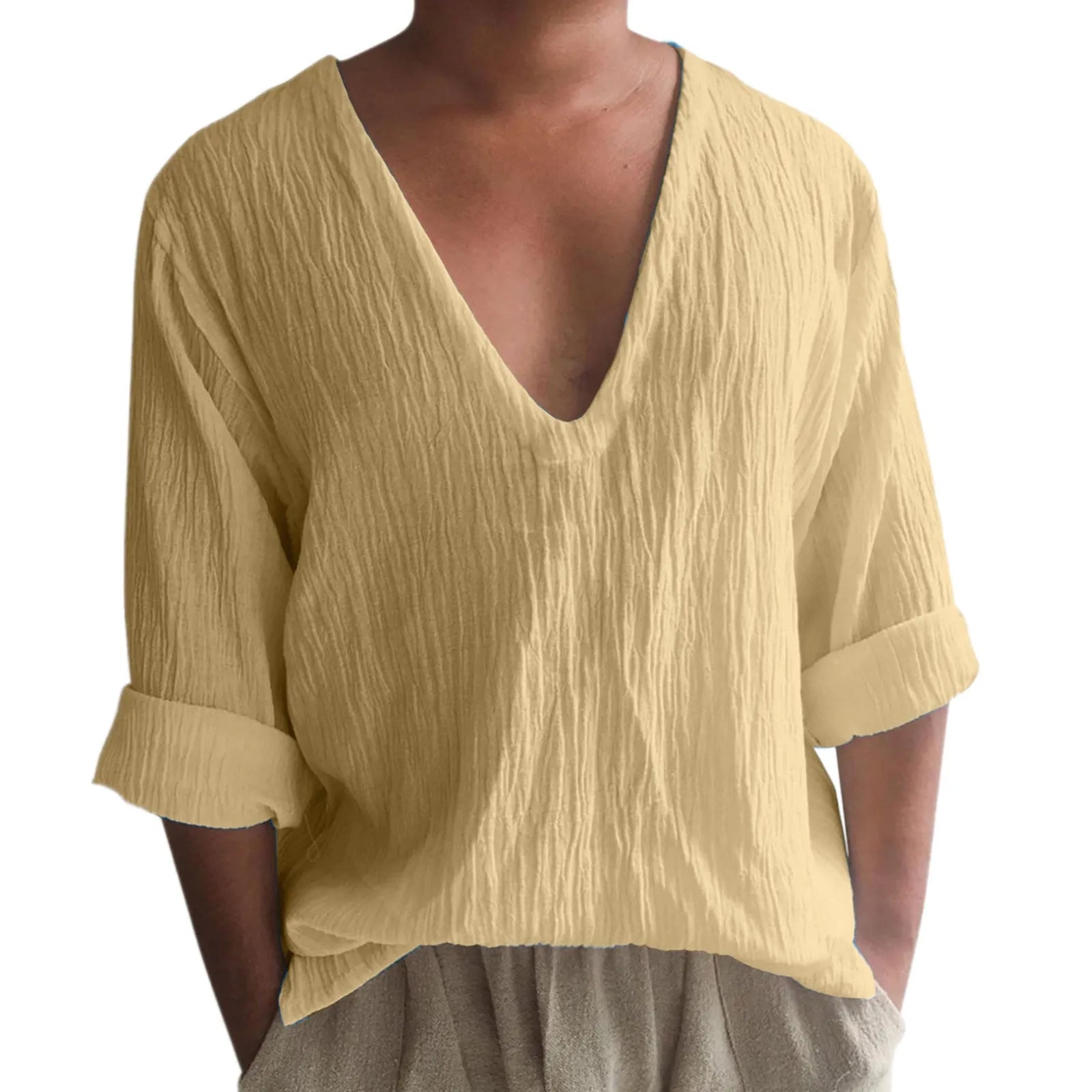 Men's long sleeve V-neck T-shirt in washed cotton linen blend fabric in solid colour options.