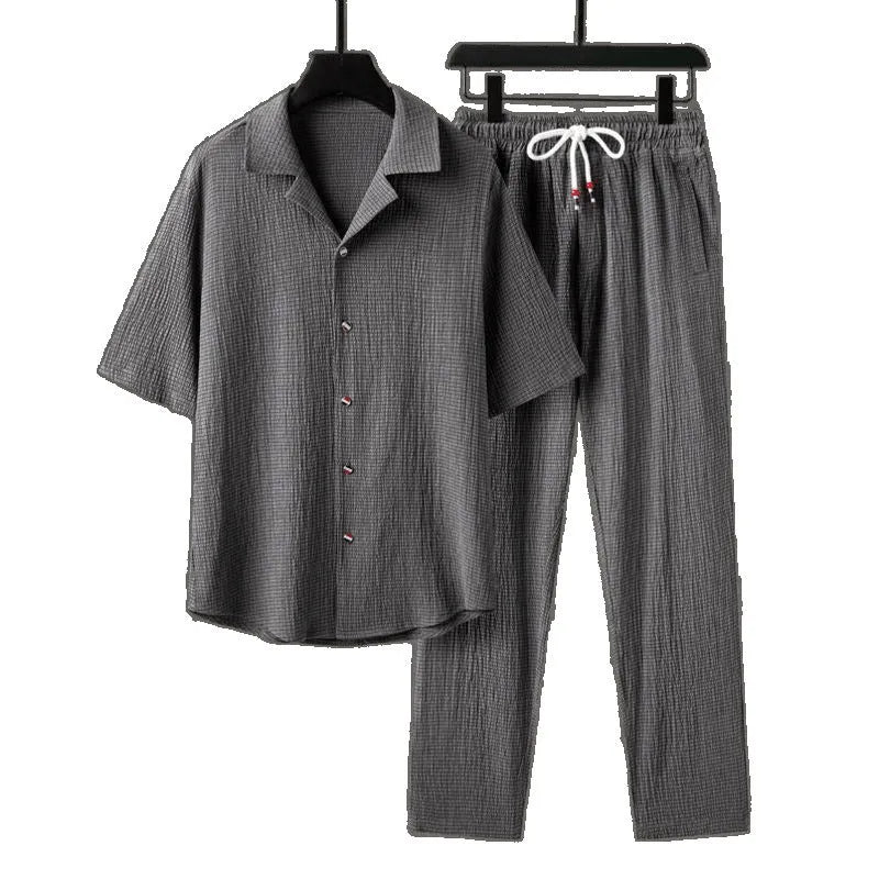 Asian fit men's Chinese style half sleeve two-piece set in white suit with wool lining and polyester fibre fabric