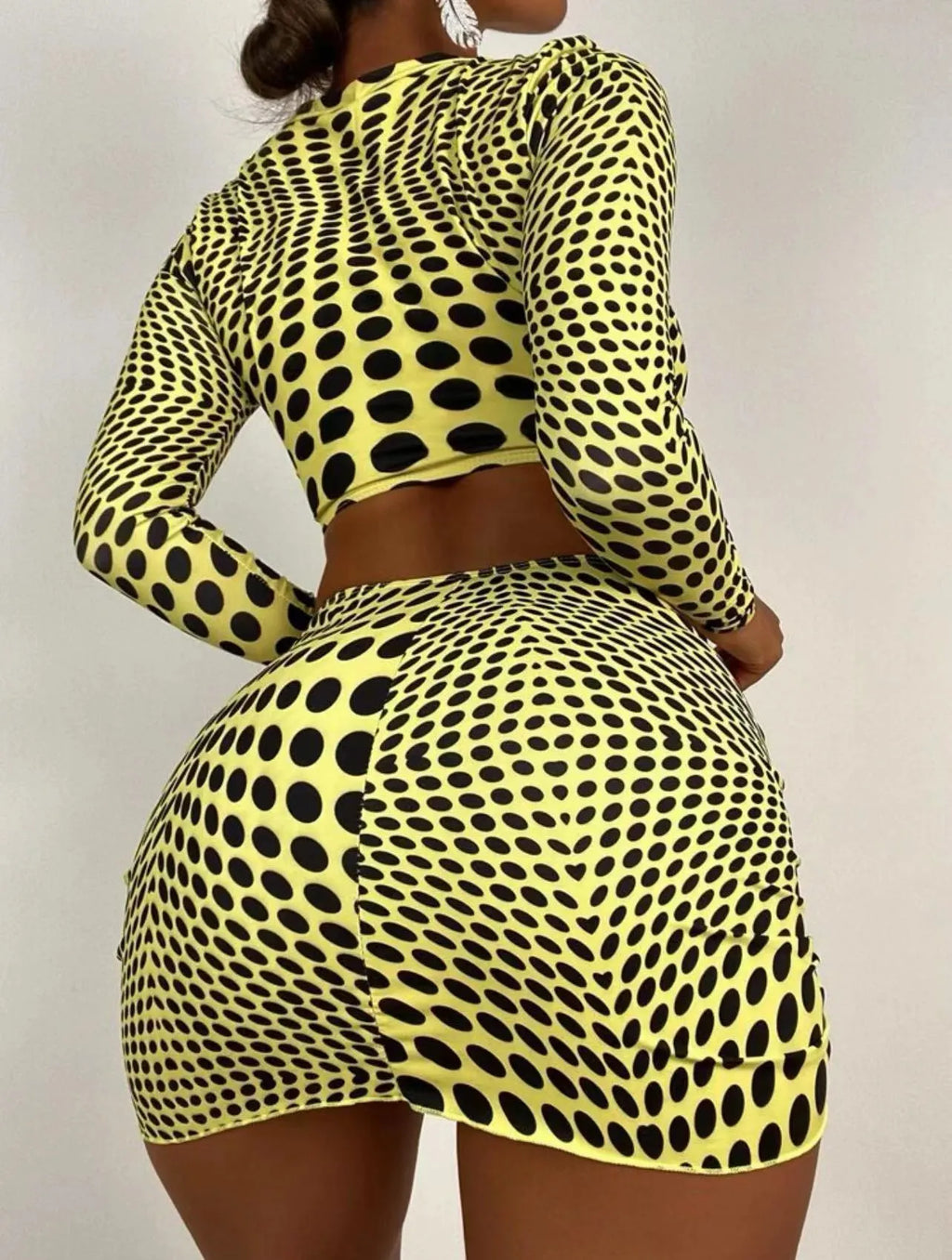Women's polka dot swimsuit three-piece set in green, including top, skirt, and bra, made of polyester.
