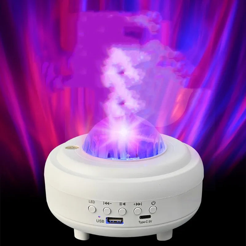 Galaxy star projector night light with 7 light effects and Bluetooth speaker in white rechargeable finish on a bedside table