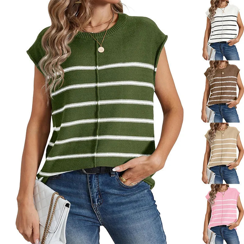 Women's striped sleeveless acrylic pullover vest in apricot colour on a hanger, showing bone stitching detail.