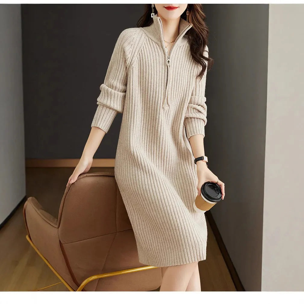 Half zipper loose casual long sleeves stand collar woolen straight dress in solid colour