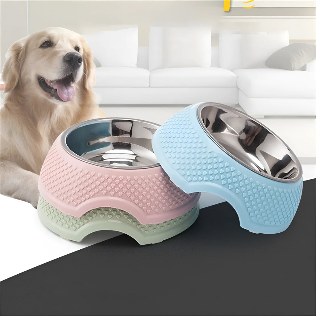 Stainless steel cat food bowl with non-slip base in blue colour on a grey background