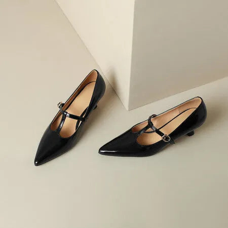 Women's square-toe high heels in black made of first layer cowhide with 6-8cm heel and rubber sole