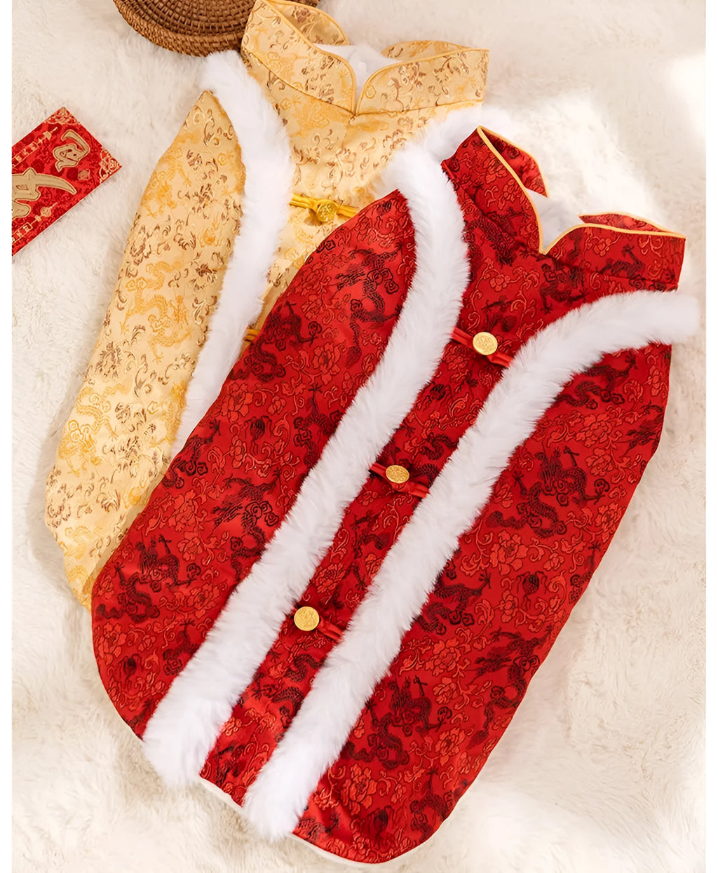 Chinese-style cotton-padded pet coat for large dogs in red with dragon embroidery and rabbit fur collar
