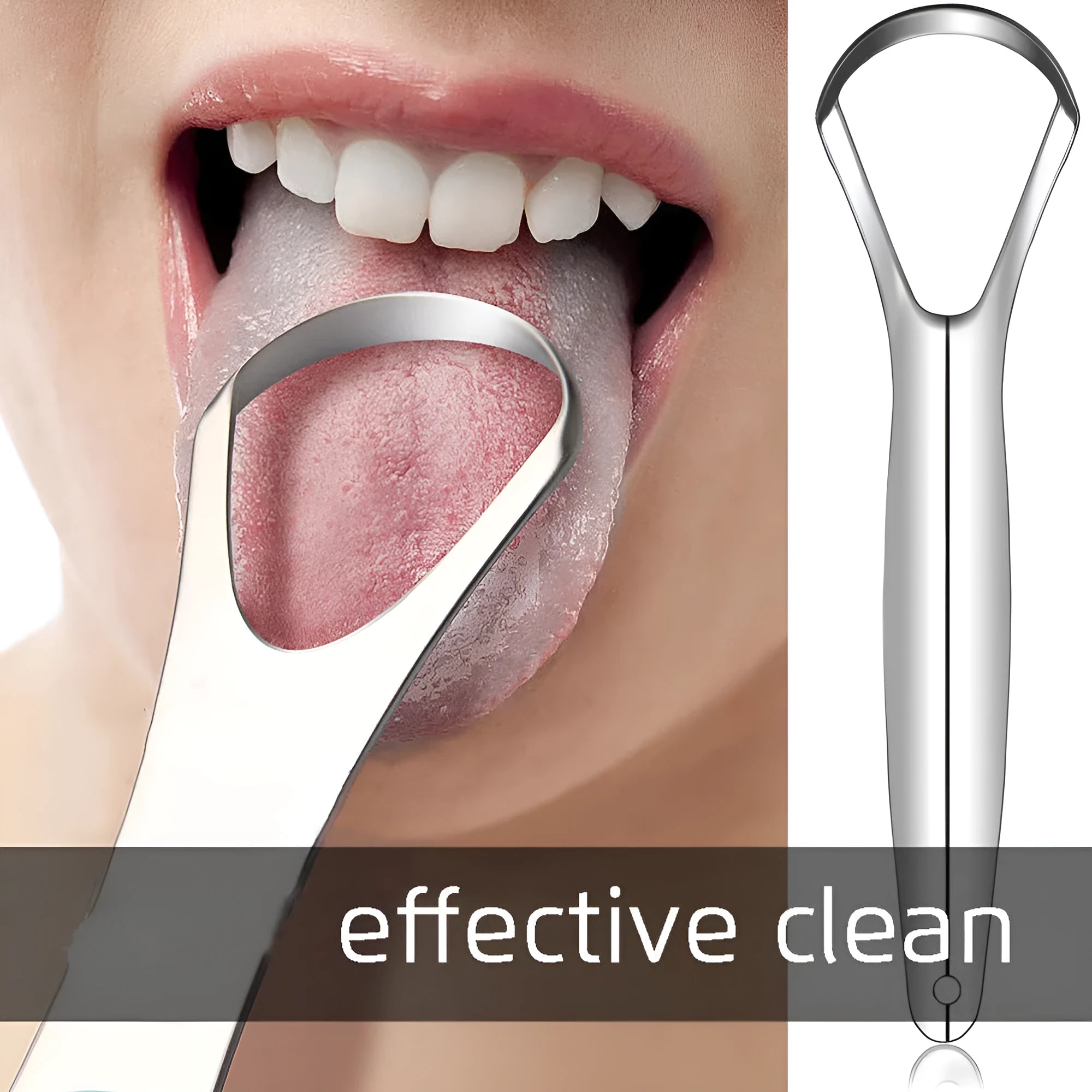 Stainless steel tongue coating cleaner set with two U-shaped scrapers in pearlescent bags