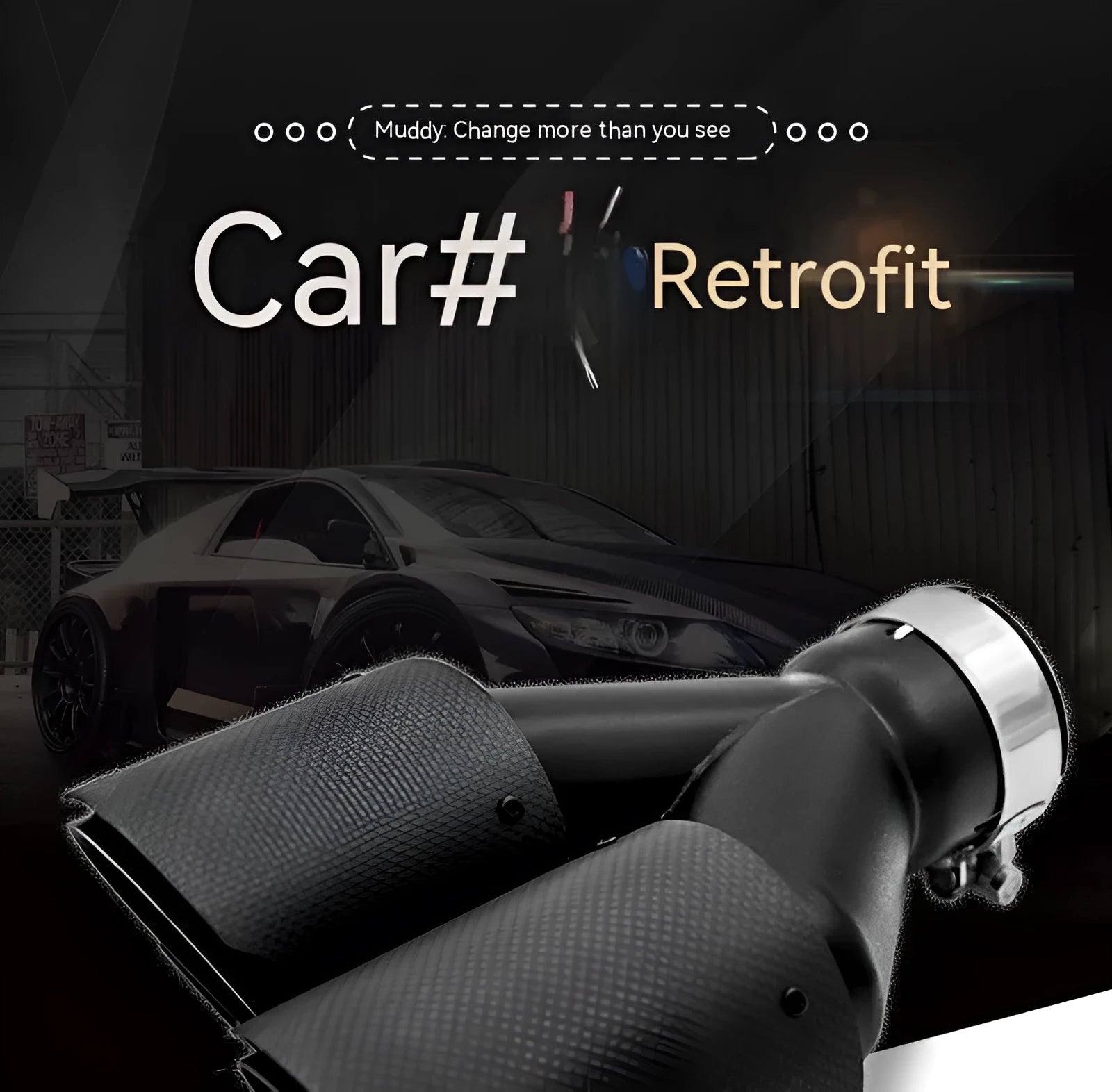 Black carbon fibre car exhaust pipe with double outlet design showing 250mm measurement