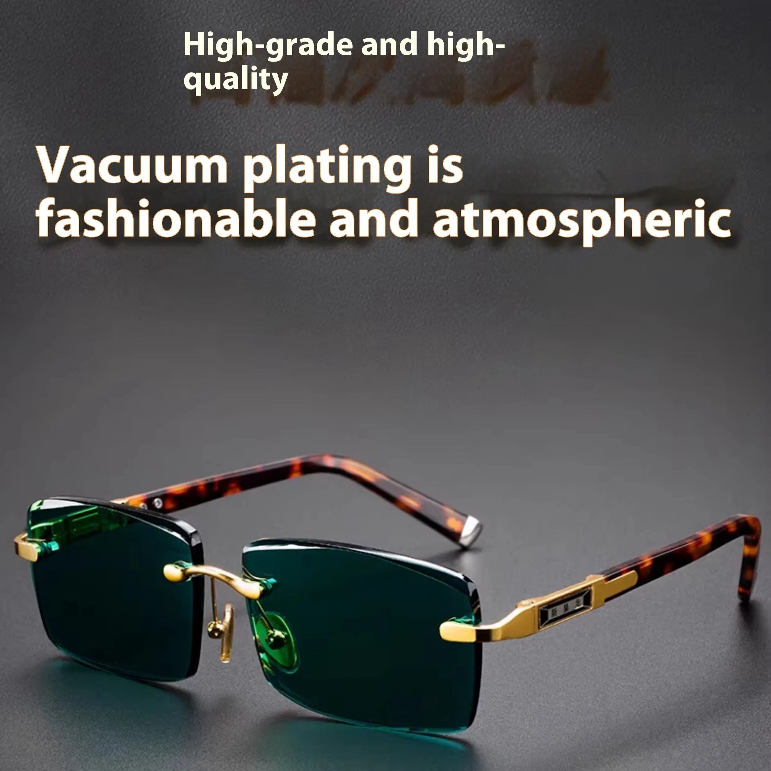 Dark green frameless crystal sunglasses with a distinctive design, shown with a hard case and lens cloth.