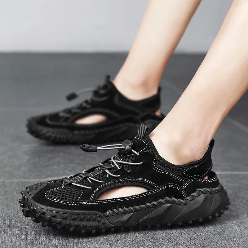 Men's non-slip hollow wading sandals in 8854 Black with leather mesh upper and rubber sole