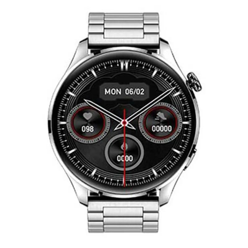 Smartwatch with round colour screen and black silicone strap showing Bluetooth calling interface.