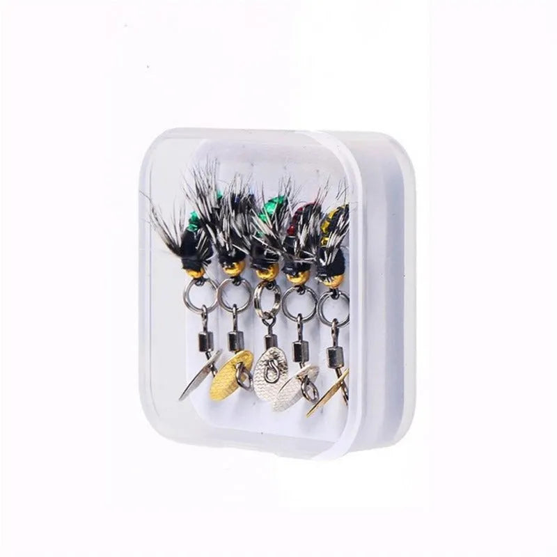 Bionic poisonous mosquito hook 5 pieces fishing set with multicolor spinning sequins and feather dressing
