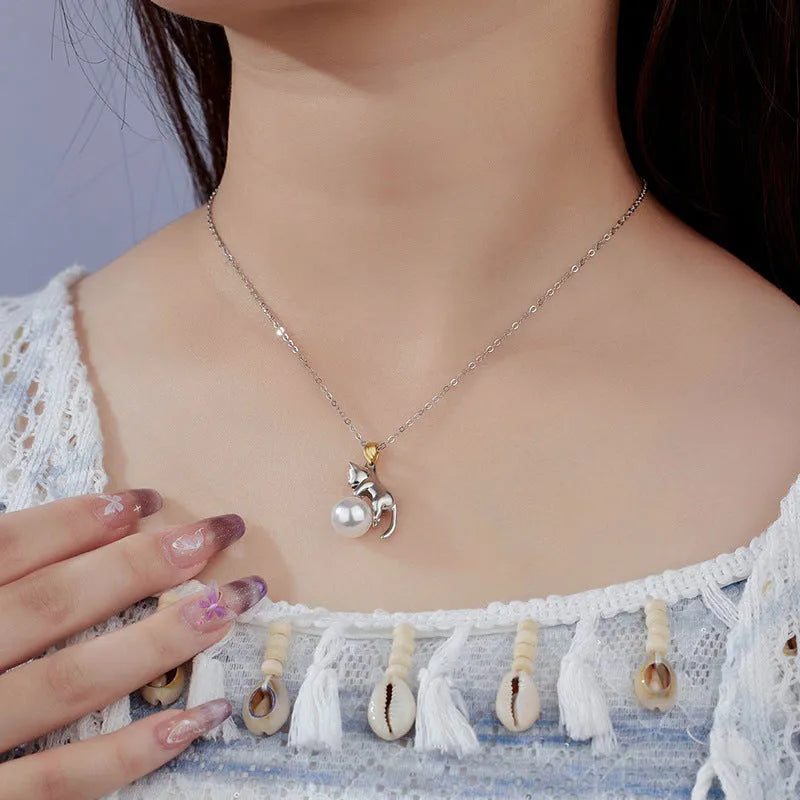 925 sterling silver clavicle chain necklace with cat pendant and electroplated finish