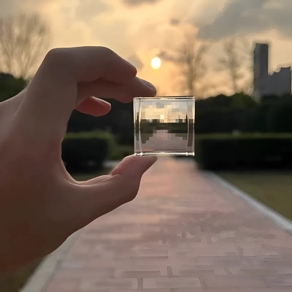 Pixel Stone Mosaic Filter My World keychain in acrylic, available in black, blue, and pink colour options
