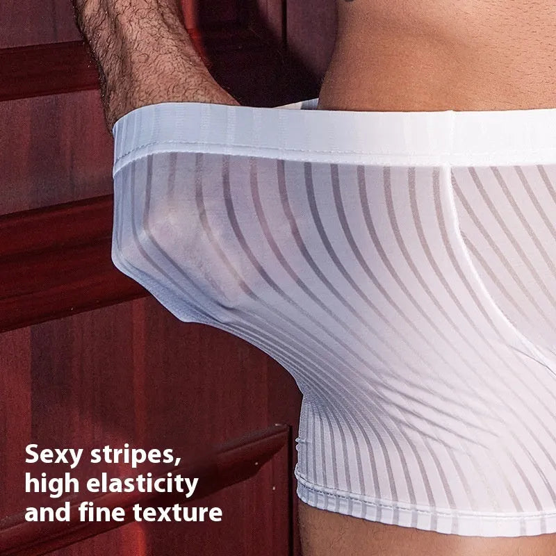 Men's striped nylon boxer briefs in free size shown in black, white and dark grey colours