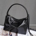 Genuine leather patent gloss shoulder underarm bag in beige, horizontal square shape, 19 cm wide