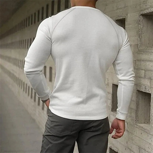 Men's Henry collar long-sleeved cotton blend T-shirt in black, with collage stitching details on front