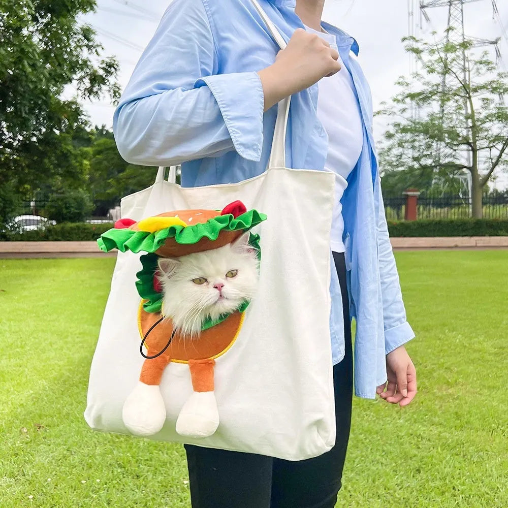 Canvas shoulder pet carrier bag with cartoon print for small cats and dogs