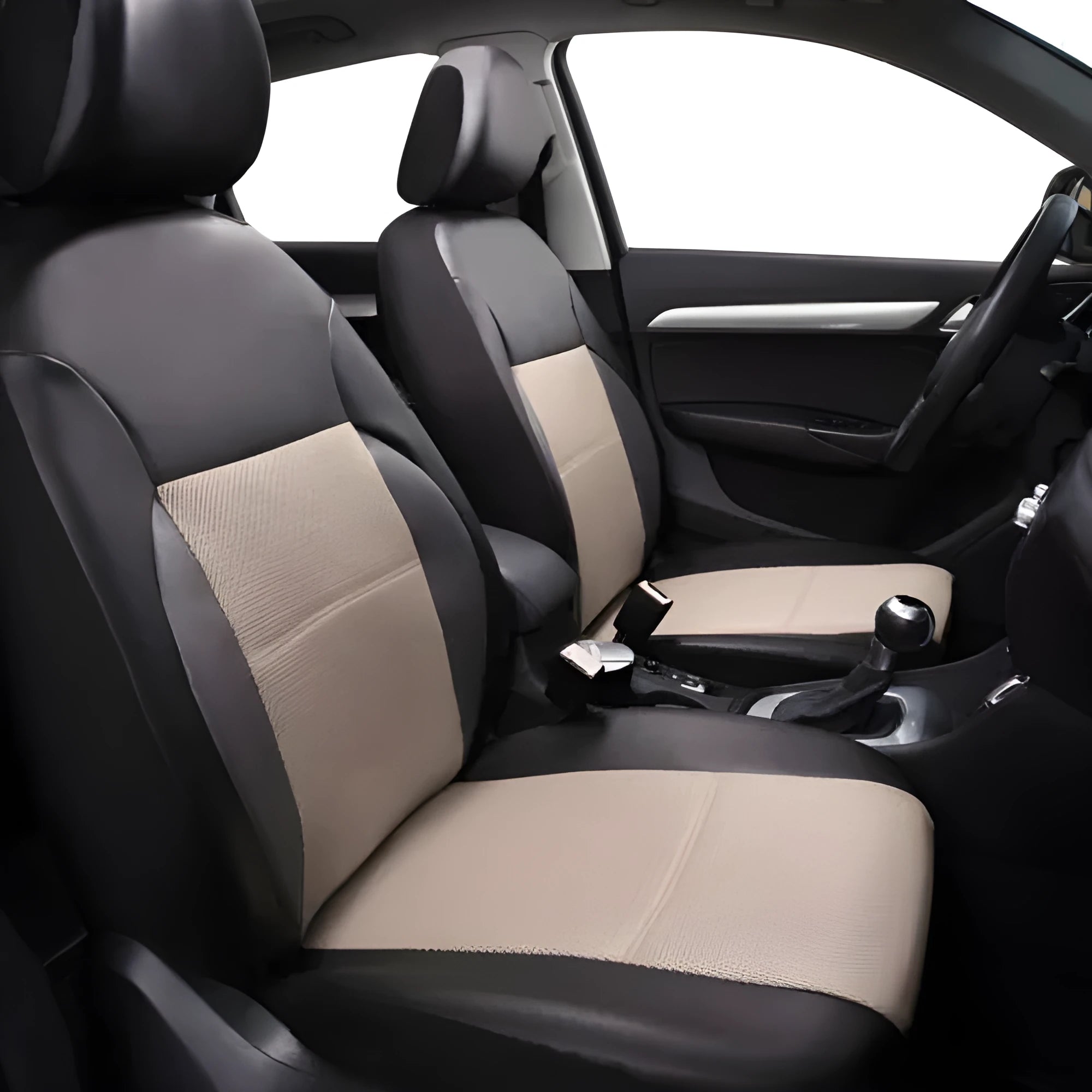 Artificial leather car seat covers in black, grey, beige, red or blue colours with headrest covers