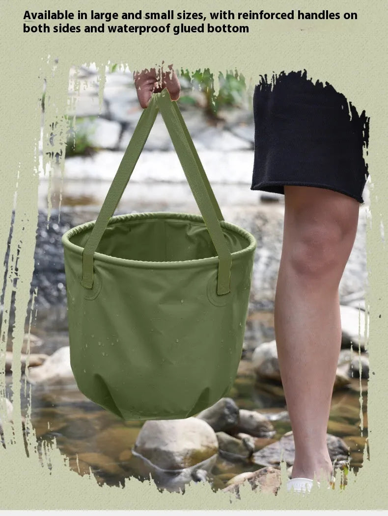 Outdoor folding telescopic duct in army green, 13L size, showing collapsed and extended positions on a plain background