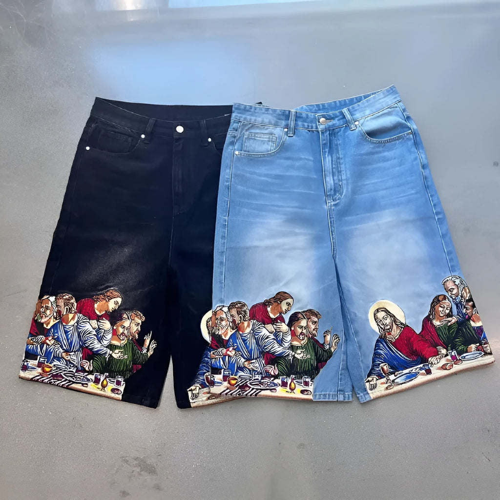 Blue men's cotton shorts with a Jesus design printed on the back pocket.