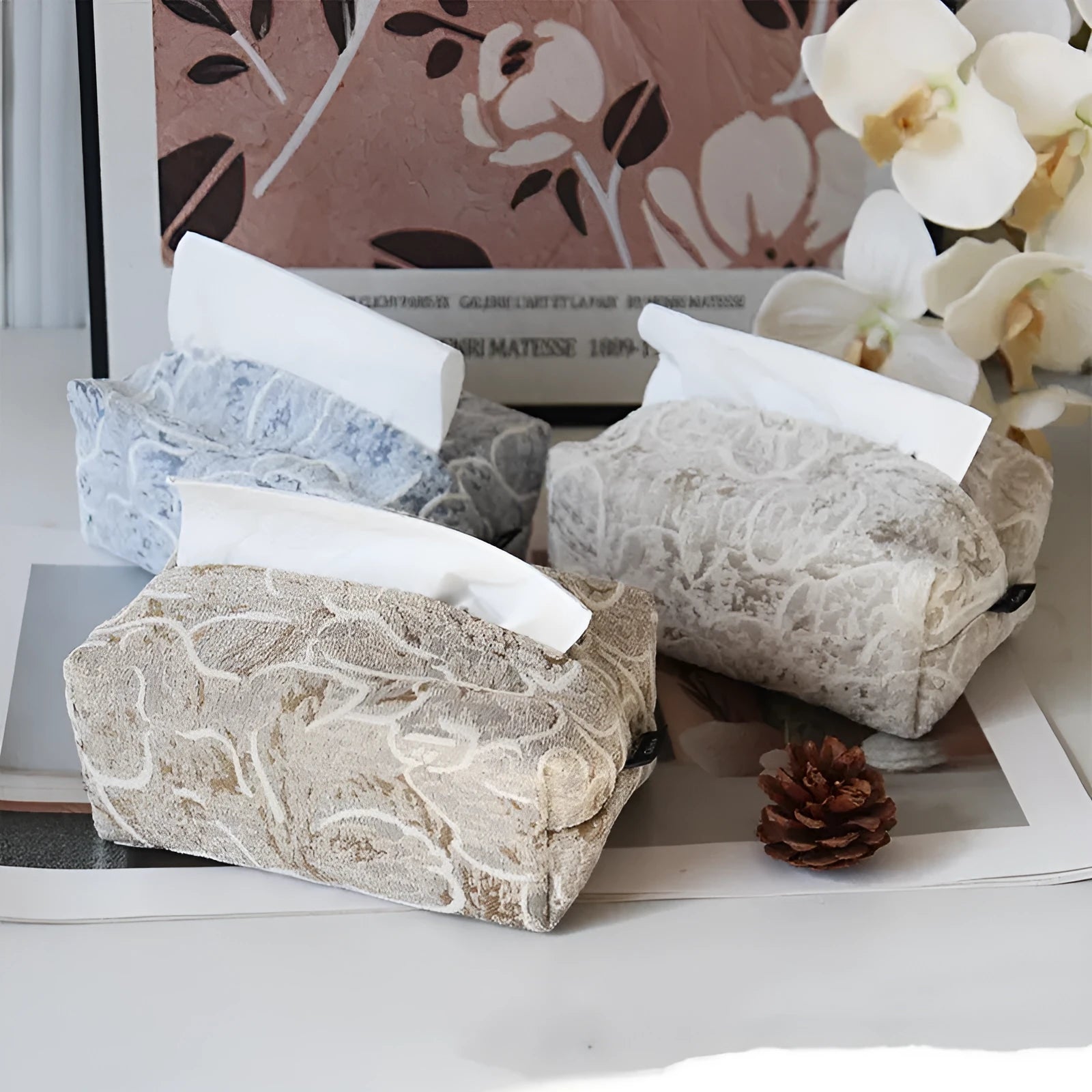 Chinese style flower tissue box with cotton fabric cover in beige, blue or brown.