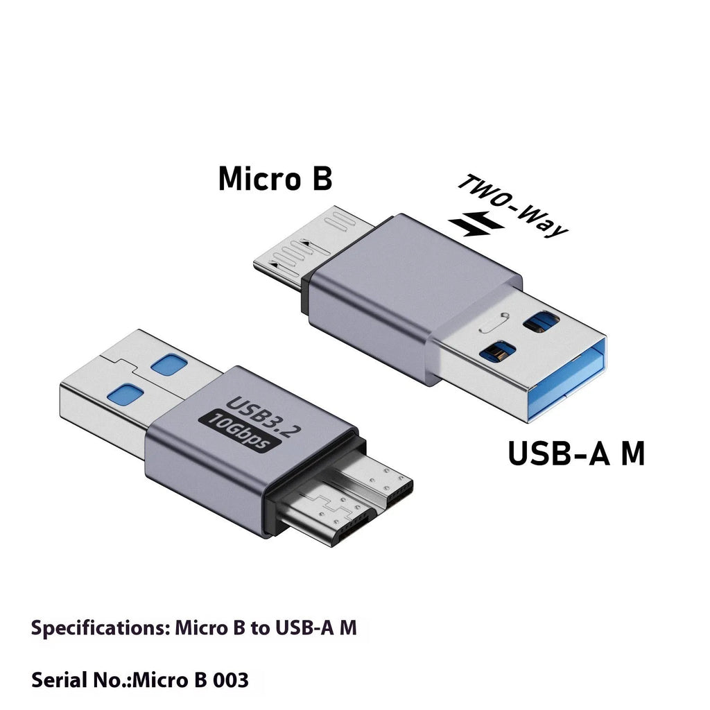 Micro B adapter converter showing Type-C and USB connectors for charging and data transfer on hard drives and phones.