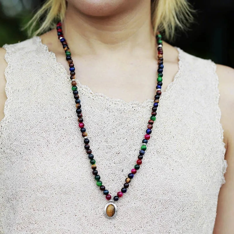 Natural tiger-eye 108 bead pendant necklace bracelet on ball bead chain with mixed-gem inlay featuring wings, crown and infinity symbol