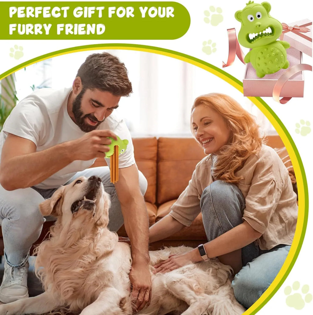 Green and yellow natural rubber squeaky dog toy for aggressive chewers.