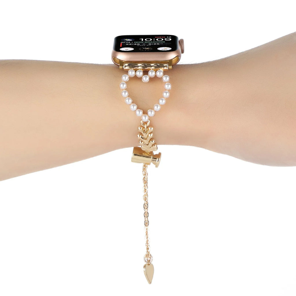 Pearl love necklace smart watch strap for Apple in simple metal style with decorative pearl accents