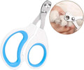 Blue cat nail clippers with circular hole design and cushioned non-slip handle for safe pet trimming