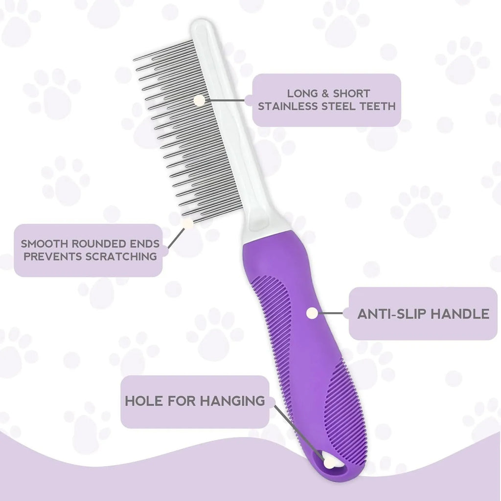 Purple pet grooming comb with stainless steel teeth for detangling cat and dog fur
