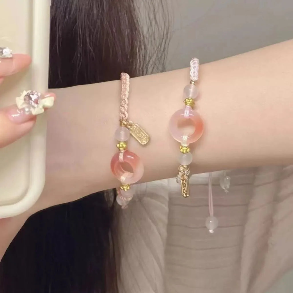 Peach blossom peace buckle woven bracelet in green pink and black for women unisex DIY watch band
