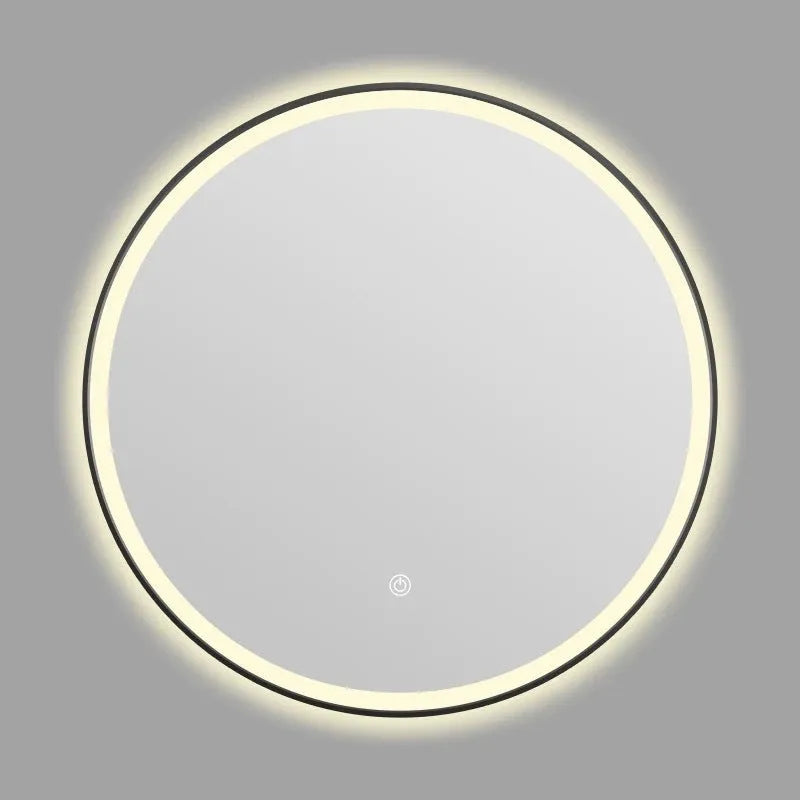 Round black aluminium framed LED bathroom mirror with touch controls for adjustable lighting