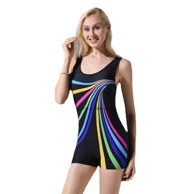 Women's sleeveless one-piece swimsuit in quick-dry polyester, shown in a black and blue colour variant.