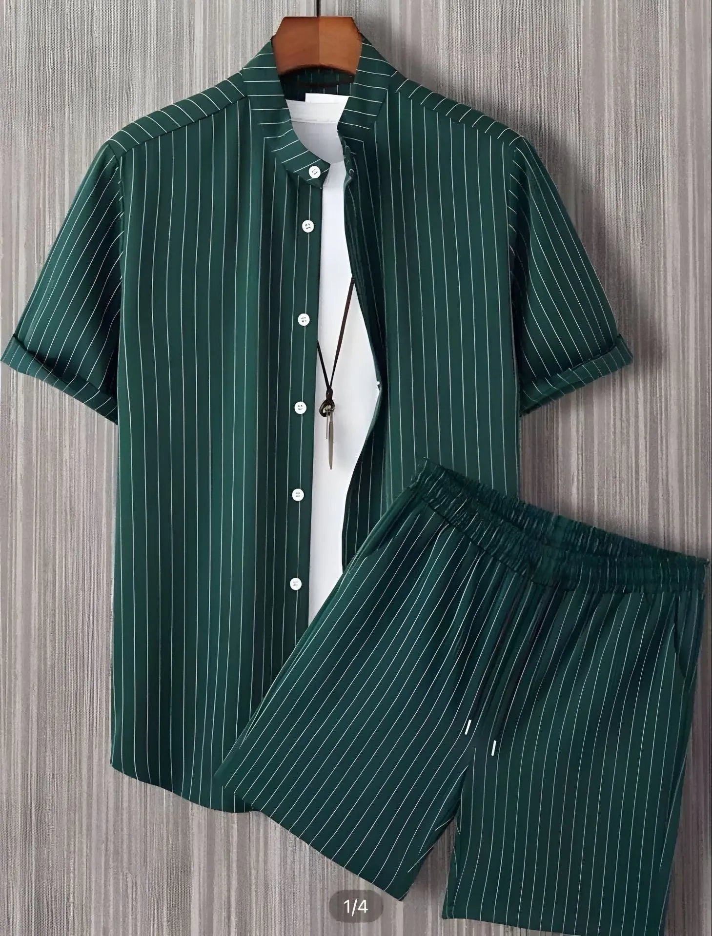 Men's beach style short sleeve shirt and shorts set in polyester fibre, size S to 4XL, multiple colours.
