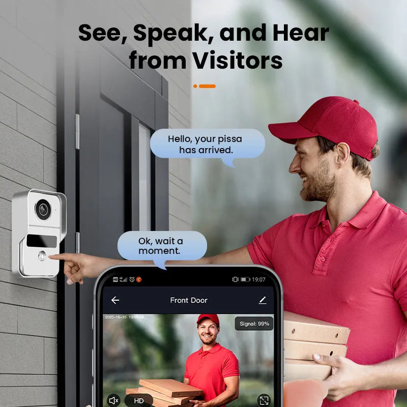 10-inch HD video intercom doorbell system with outdoor camera and indoor monitor unit.