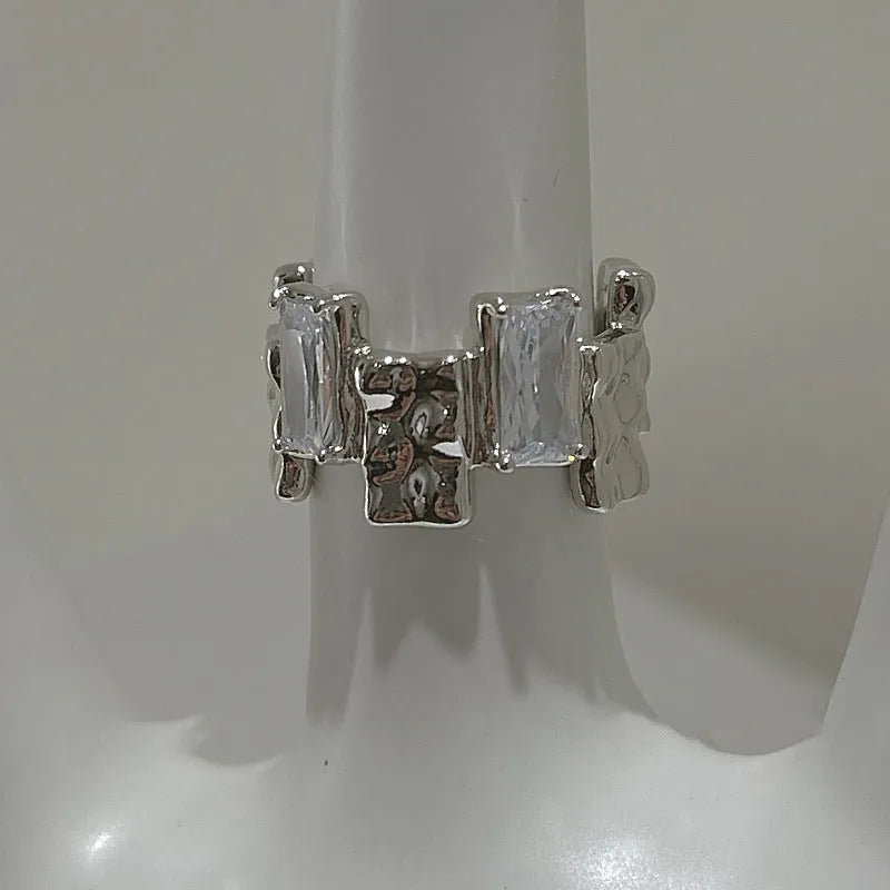 Silver cross zircon open gemstone ring with geometric design and retro pastoral style
