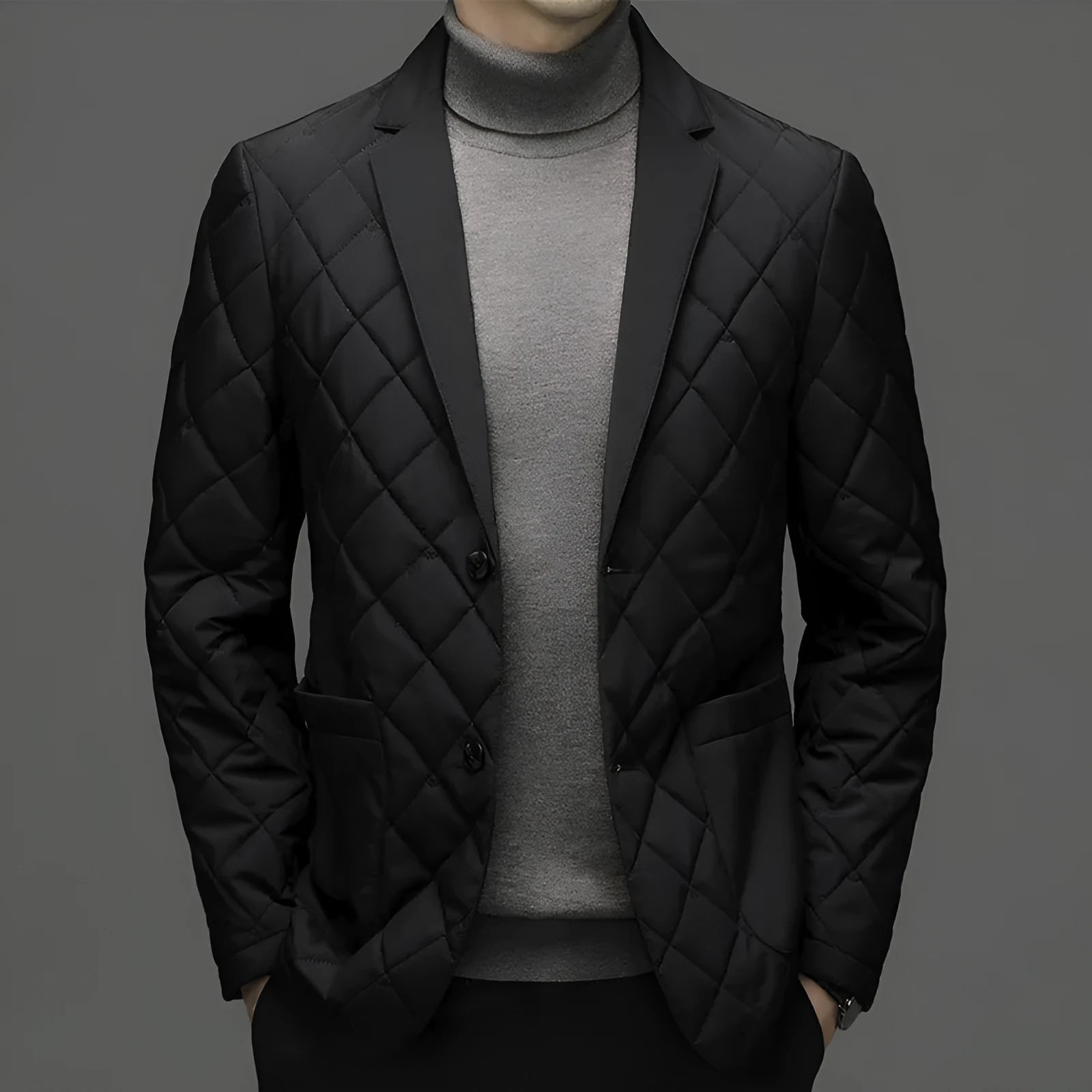 Men's black lapel collar down jacket in regular cardigan cut with side seam pockets.
