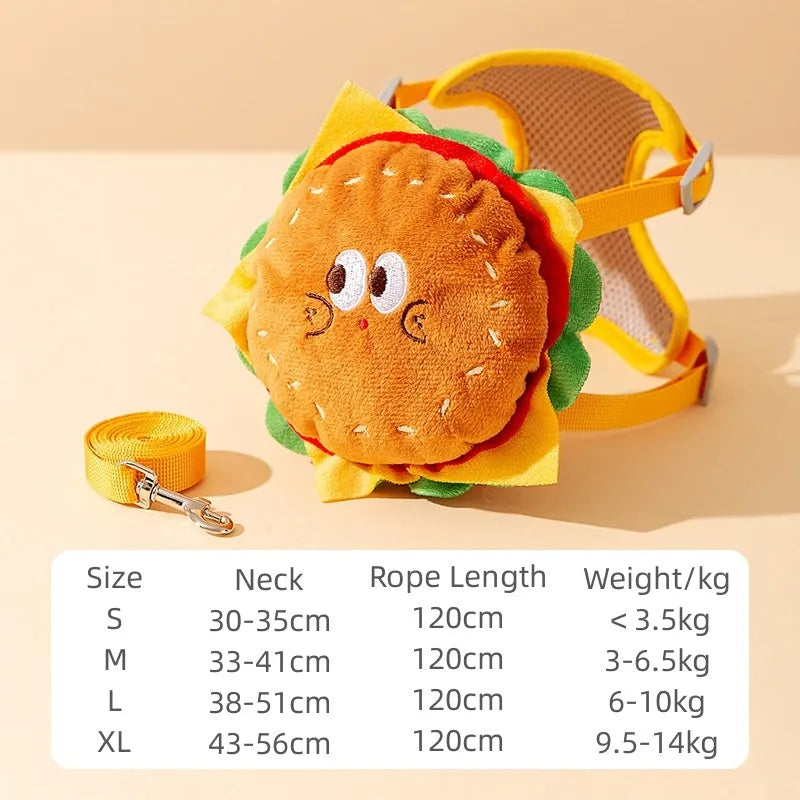 Adjustable dog vest leash with backpack in a cartoon hamburger print, showing the escape proof vest design