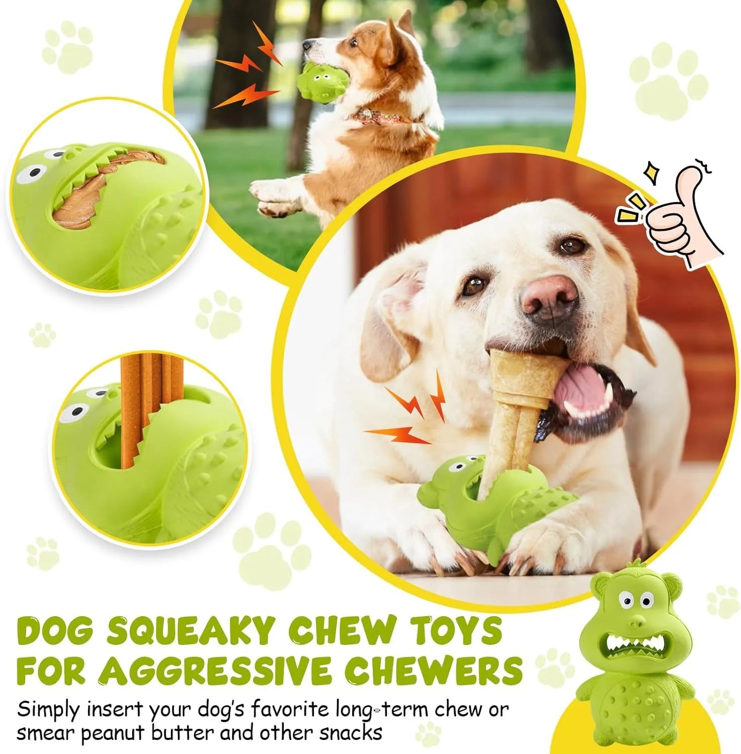 Green and yellow natural rubber squeaky dog toy for aggressive chewers.