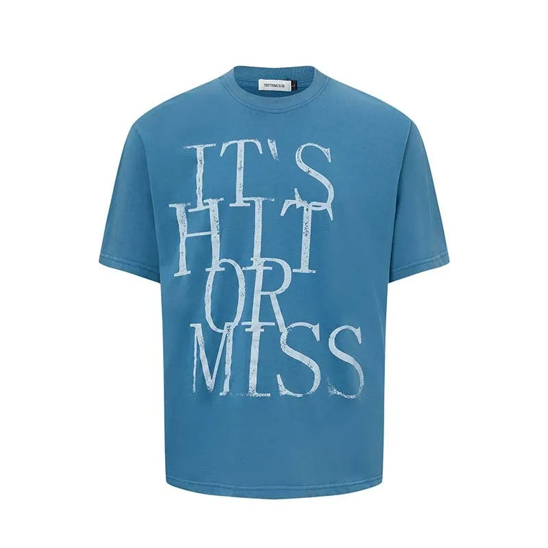 Men's blue loose fit t-shirt with large white American-style letter print on the chest.