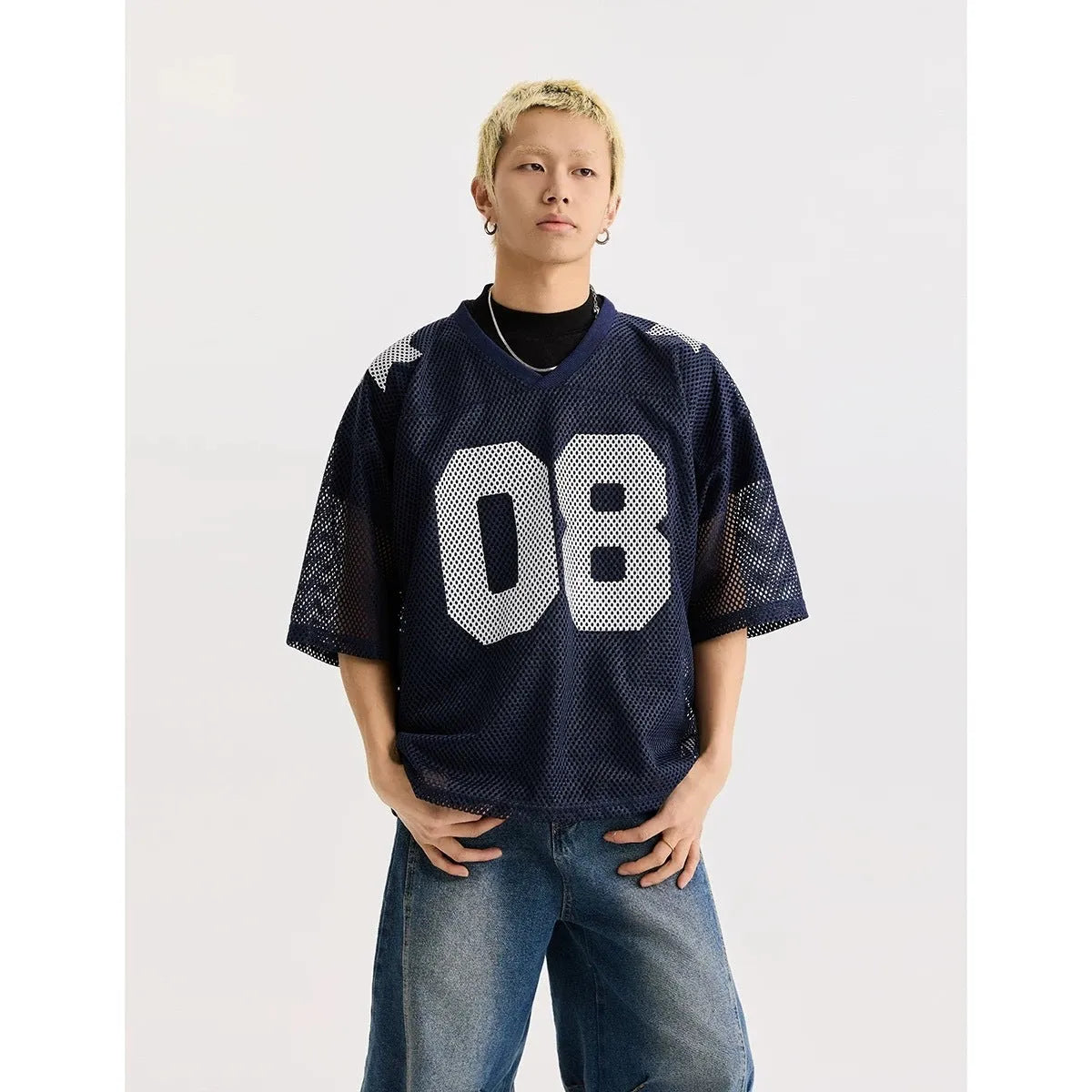 Half sleeve pullover shirt with letter pattern in black or navy blue
