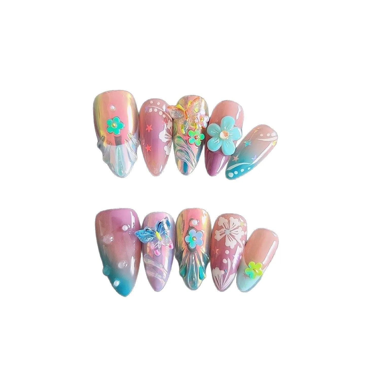 Handmade colourful nail sculptures with floral patterns and embossed butterfly designs